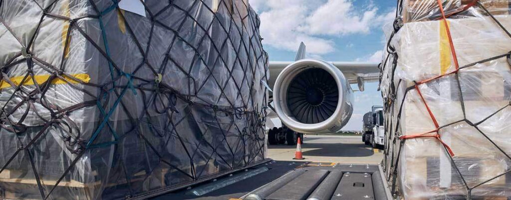 Palletized freight on a plane runway