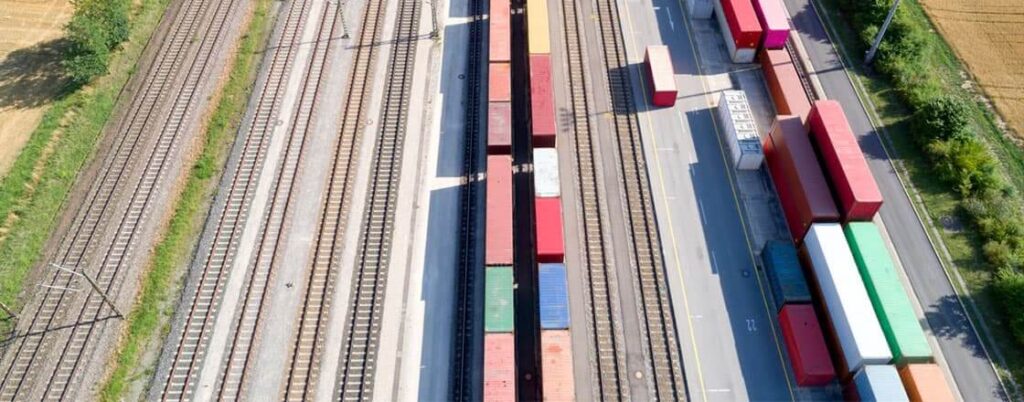 Aerial view of train cars on a track