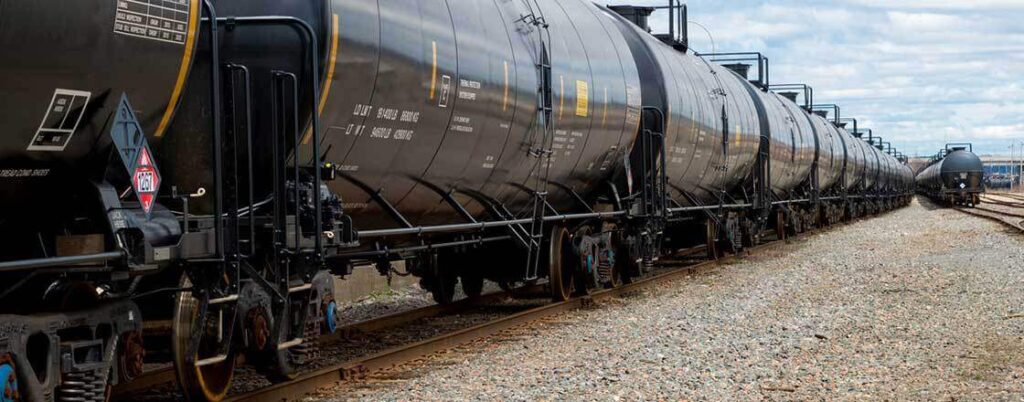 A long line of pneumatic train cars